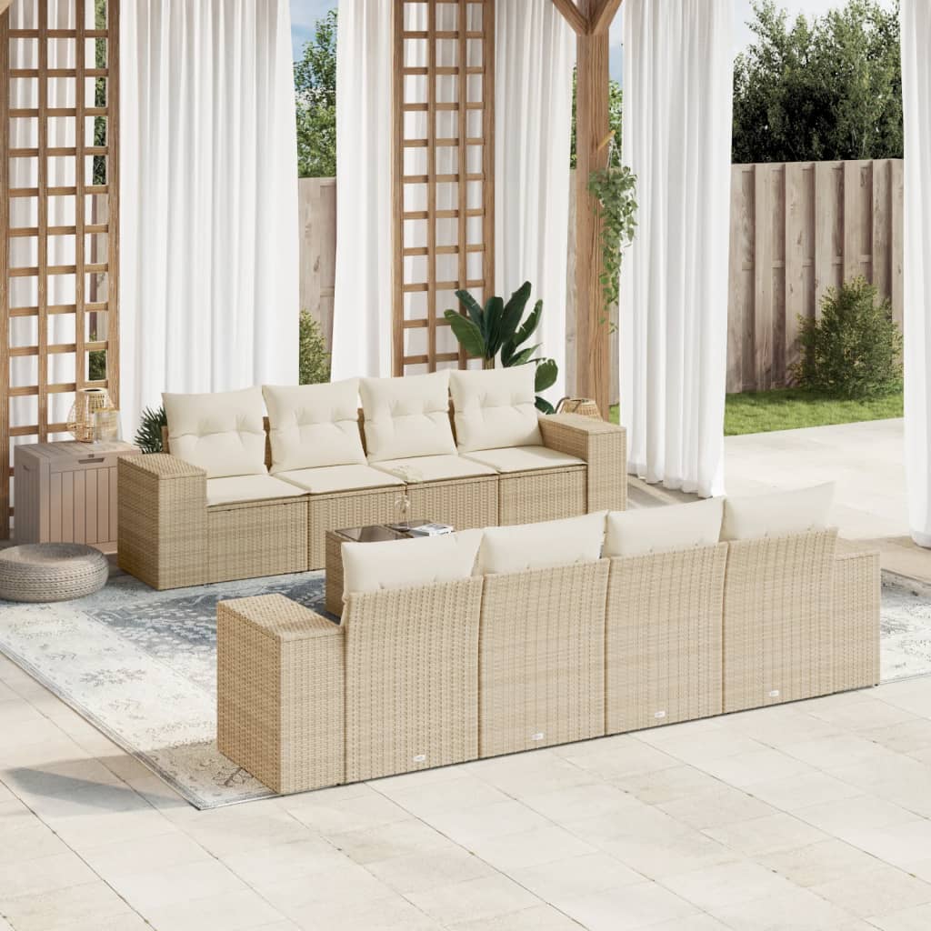 9-delige Loungeset met kussens poly rattan beige – afbeelding 1