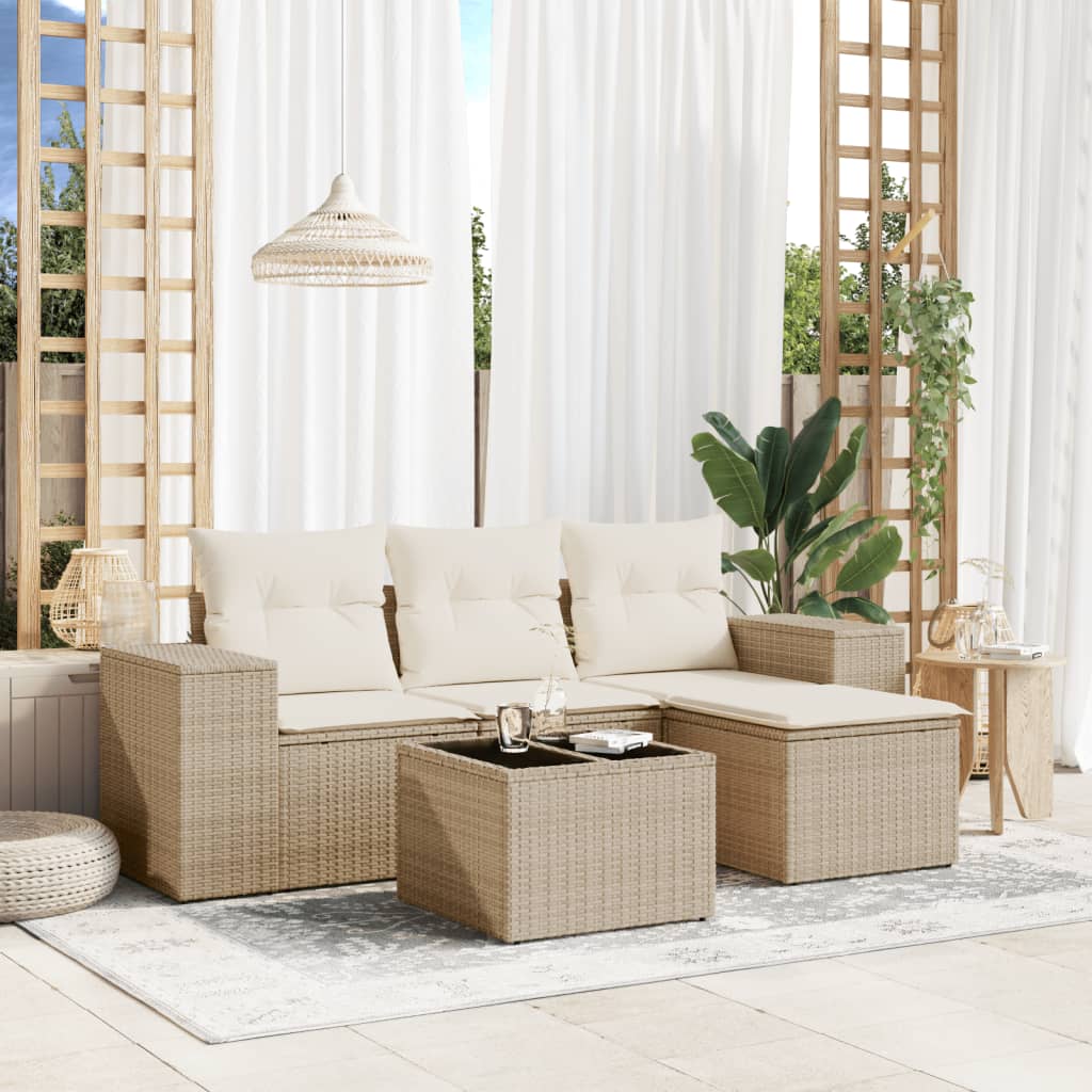 5-delige Loungeset met kussens poly rattan beige – afbeelding 1