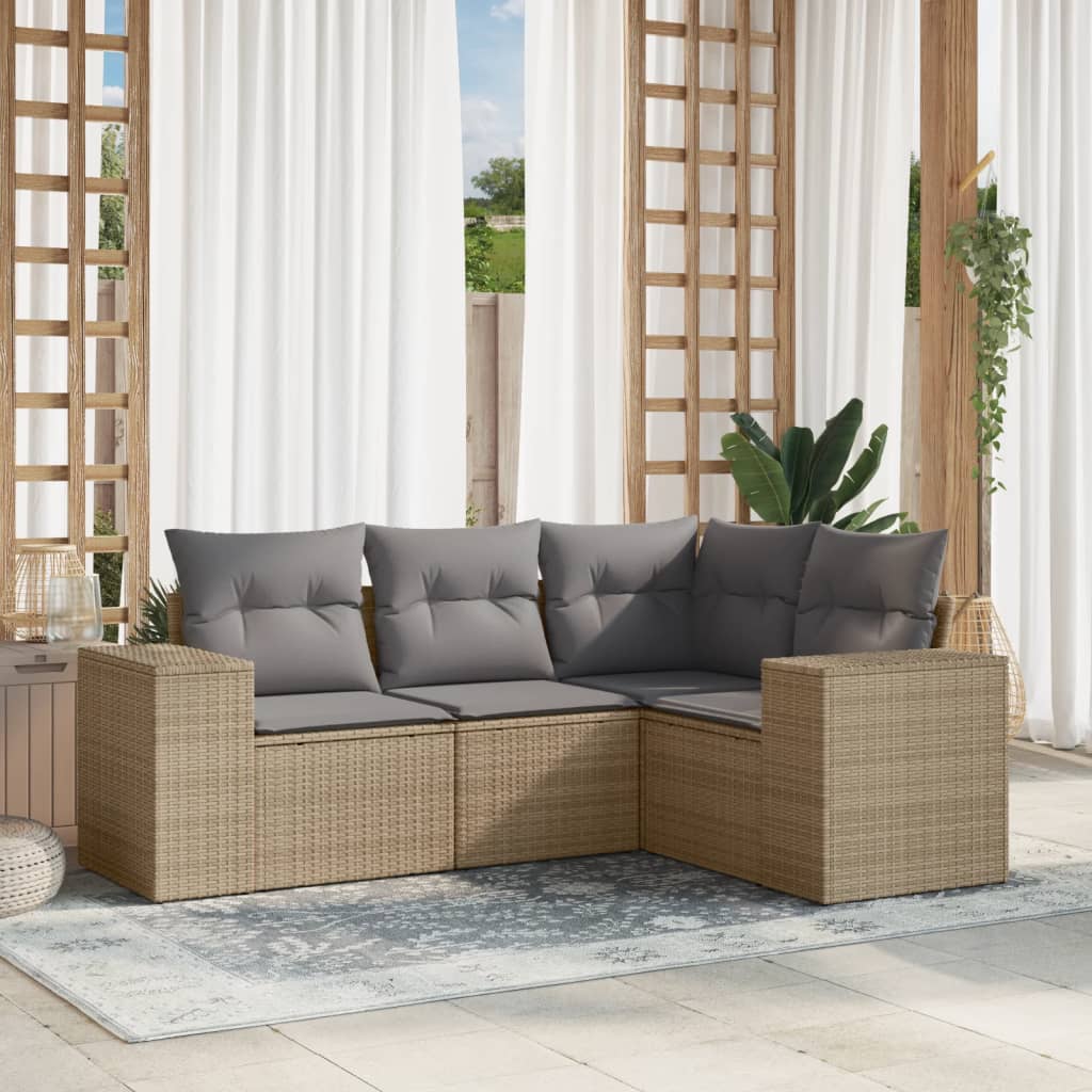 4-delige Loungeset met kussens poly rattan beige – afbeelding 1