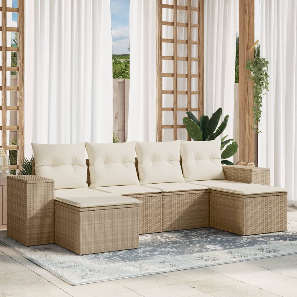 6-delige Loungeset met kussens poly rattan beige – afbeelding 1