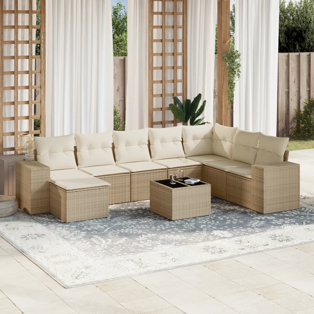 9-delige Loungeset met kussens poly rattan beige – afbeelding 1