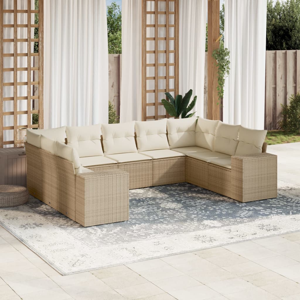 9-delige Loungeset met kussens poly rattan beige – afbeelding 1