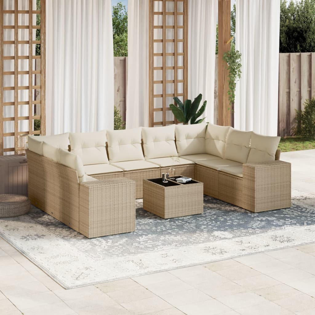 10-delige Loungeset met kussens poly rattan beige – afbeelding 1