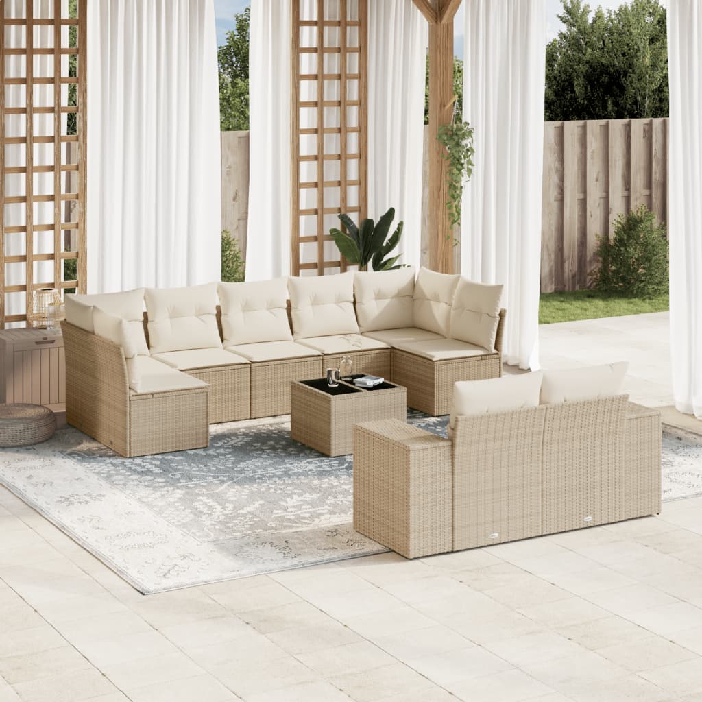10-delige Loungeset met kussens poly rattan beige – afbeelding 1