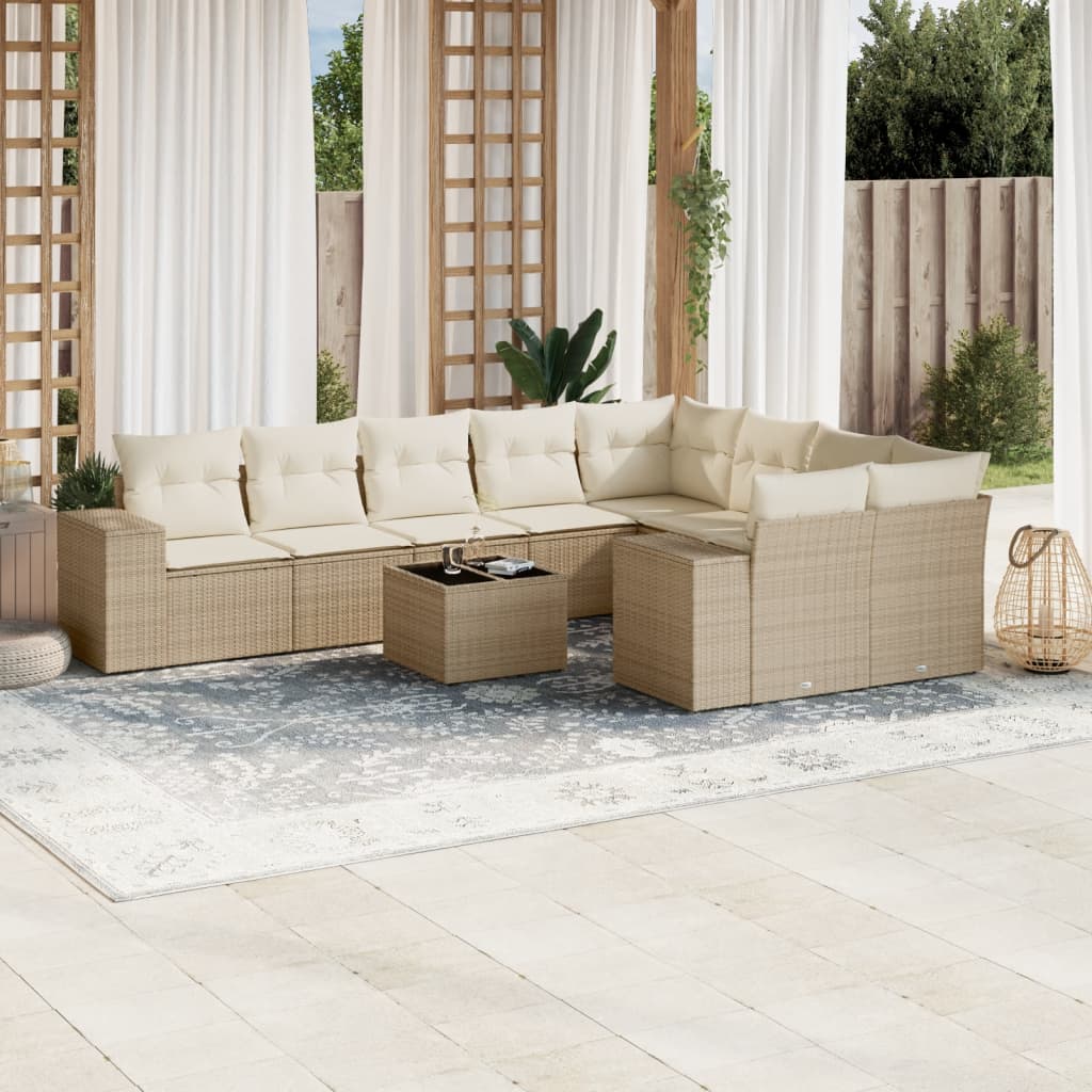 10-delige Loungeset met kussens poly rattan beige – afbeelding 1
