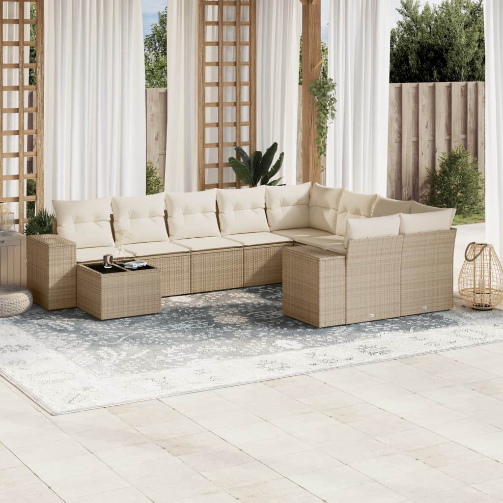 10-delige Loungeset met kussens poly rattan beige – afbeelding 1