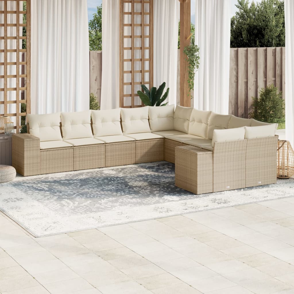 10-delige Loungeset met kussens poly rattan beige – afbeelding 1