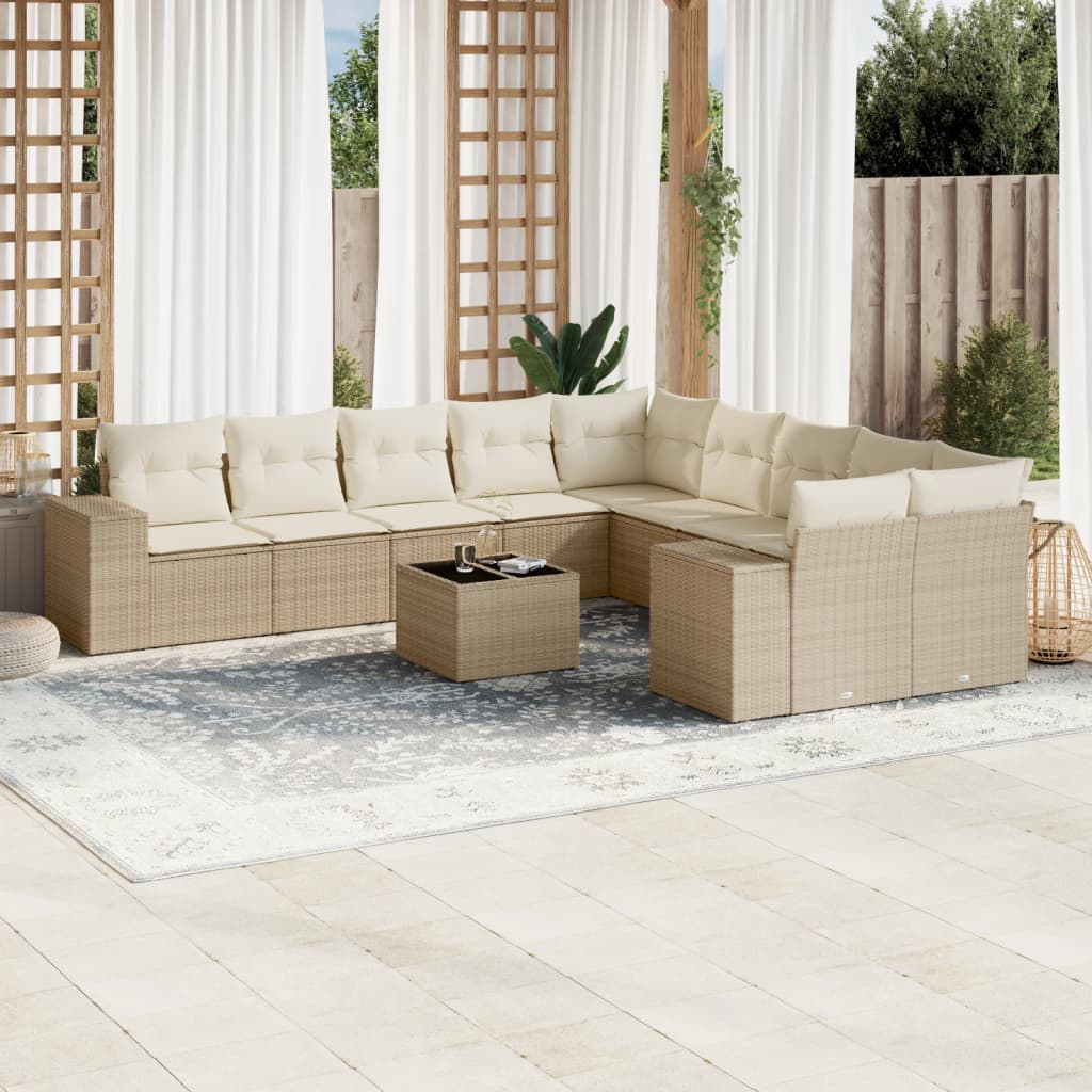 11-delige Tuinset met kussens poly rattan beige – afbeelding 1