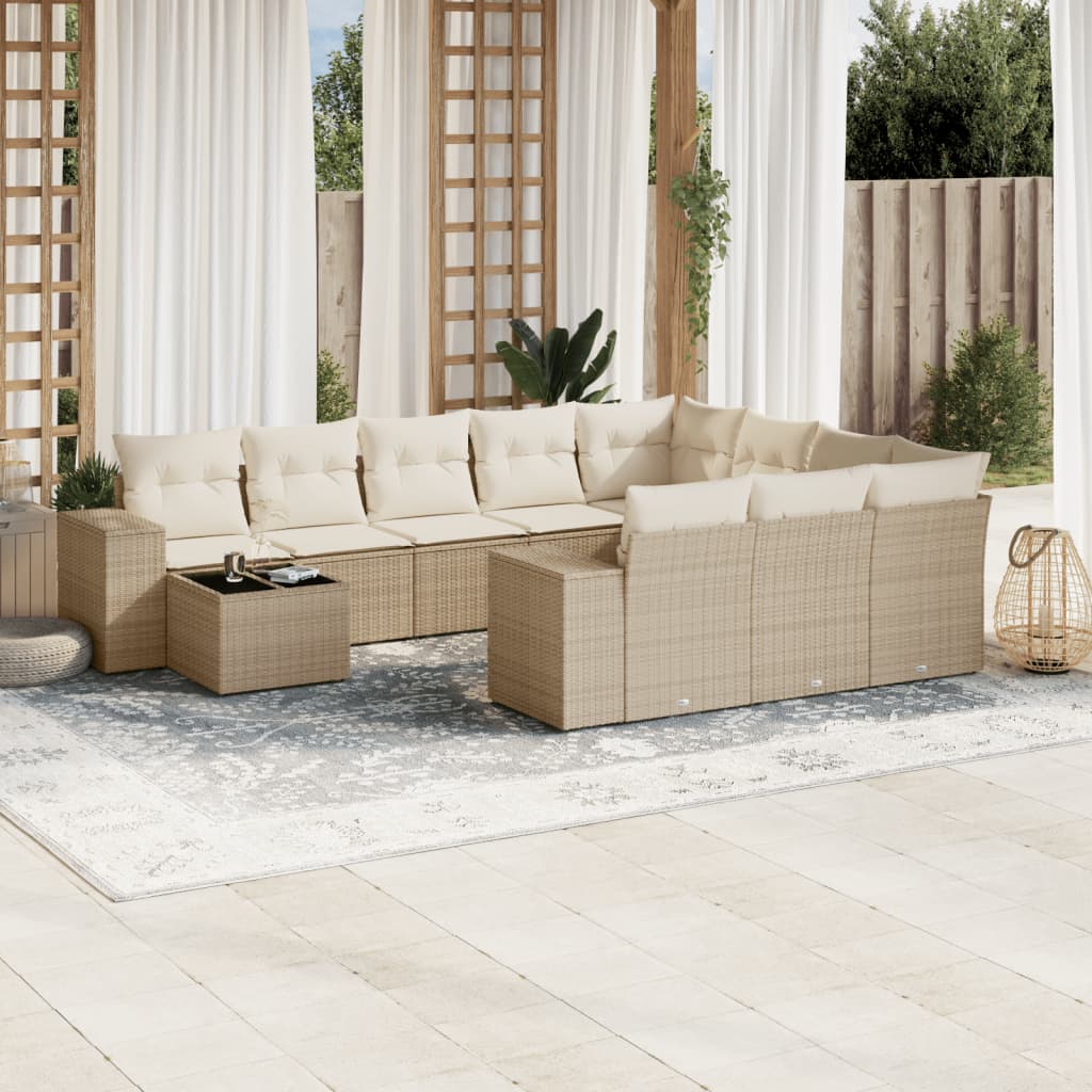 11-delige Tuinset met kussens poly rattan beige – afbeelding 1