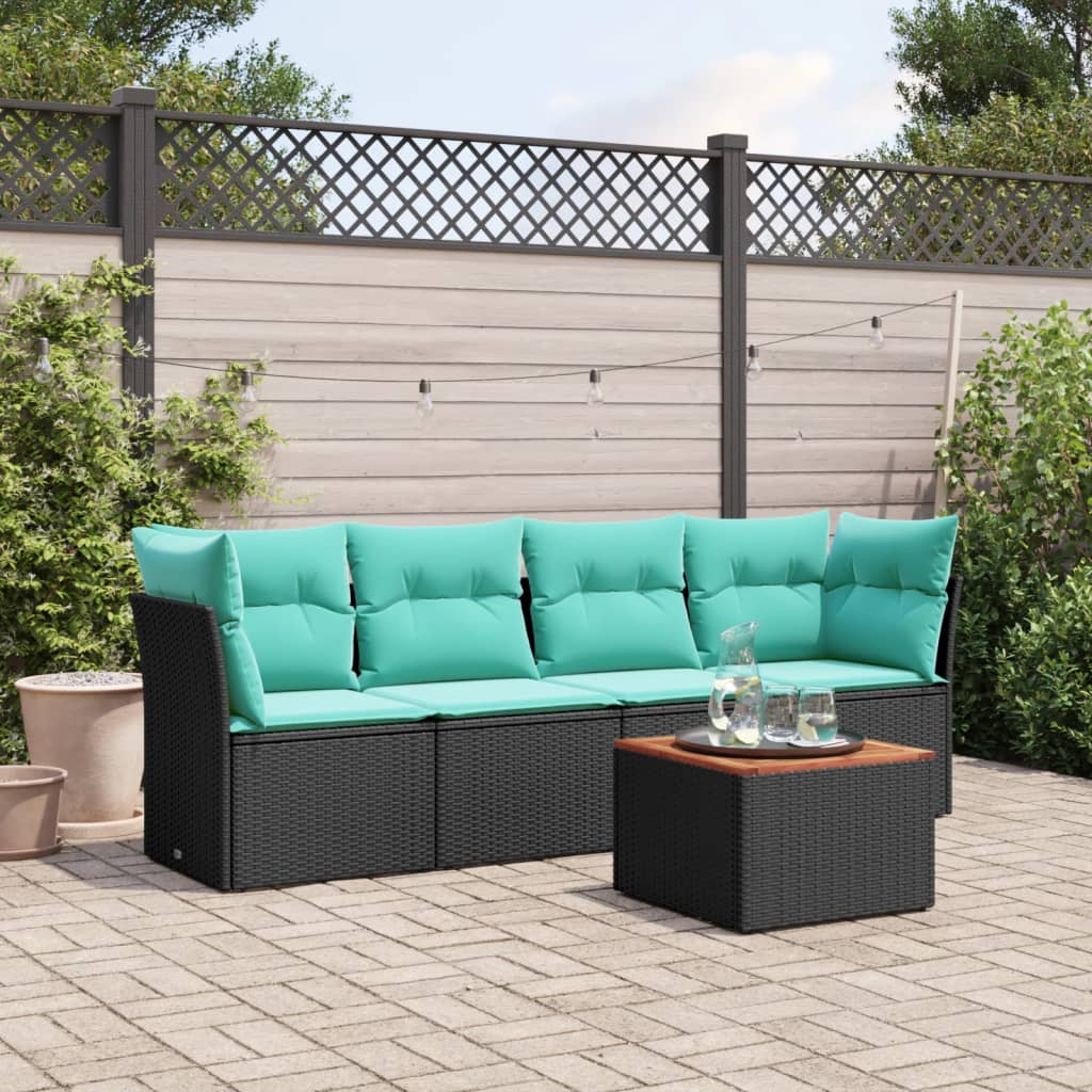 5-delige Loungeset met kussens poly rattan zwart – afbeelding 1