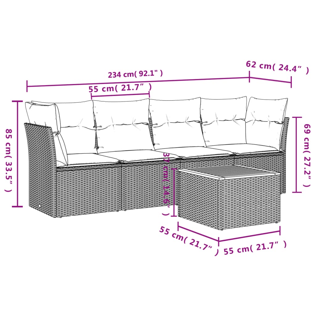 5-delige Loungeset met kussens poly rattan zwart – afbeelding 10