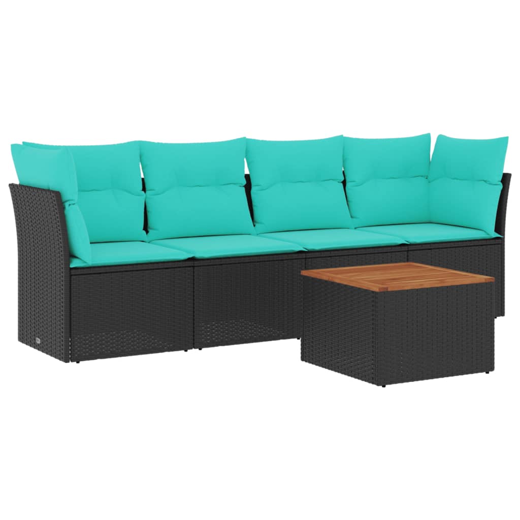 5-delige Loungeset met kussens poly rattan zwart – afbeelding 2