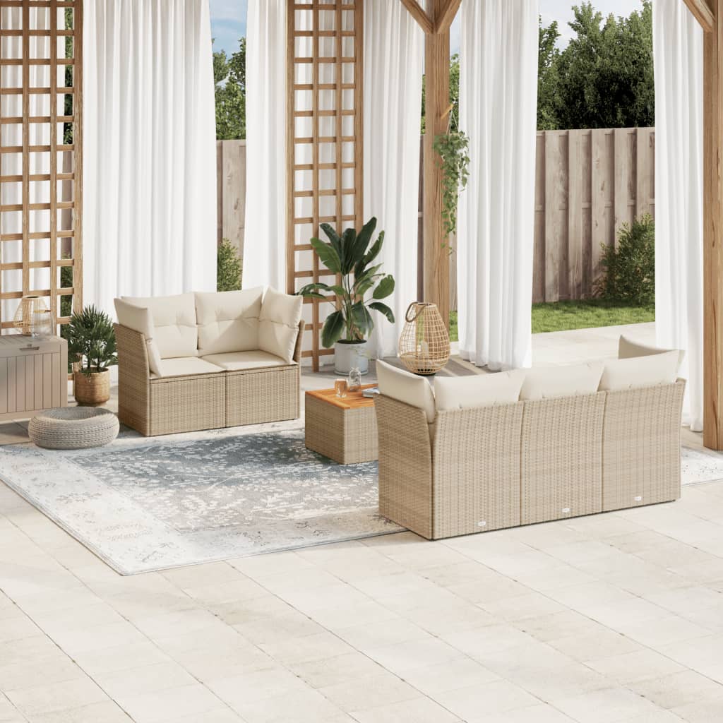 6-delige Loungeset met kussens poly rattan beige – afbeelding 1