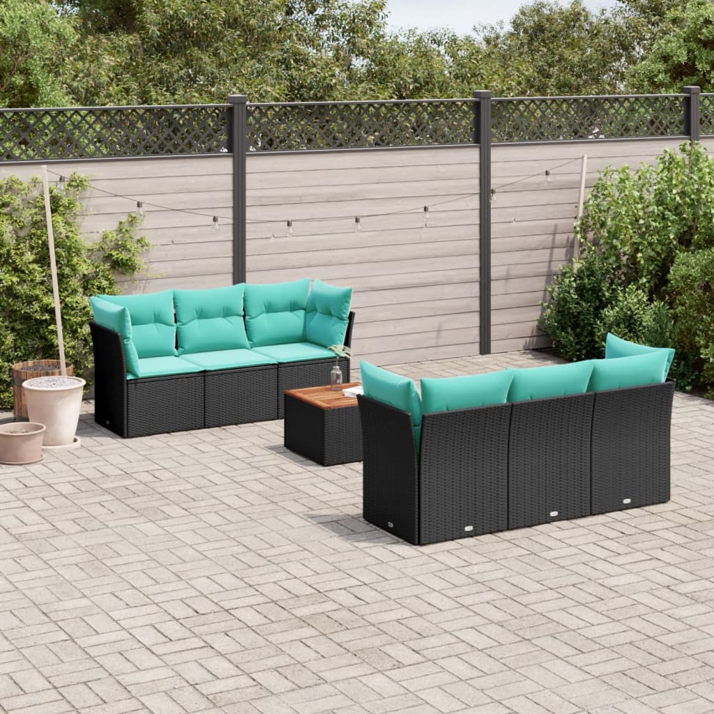 7-delige Loungeset met kussens poly rattan zwart – afbeelding 1