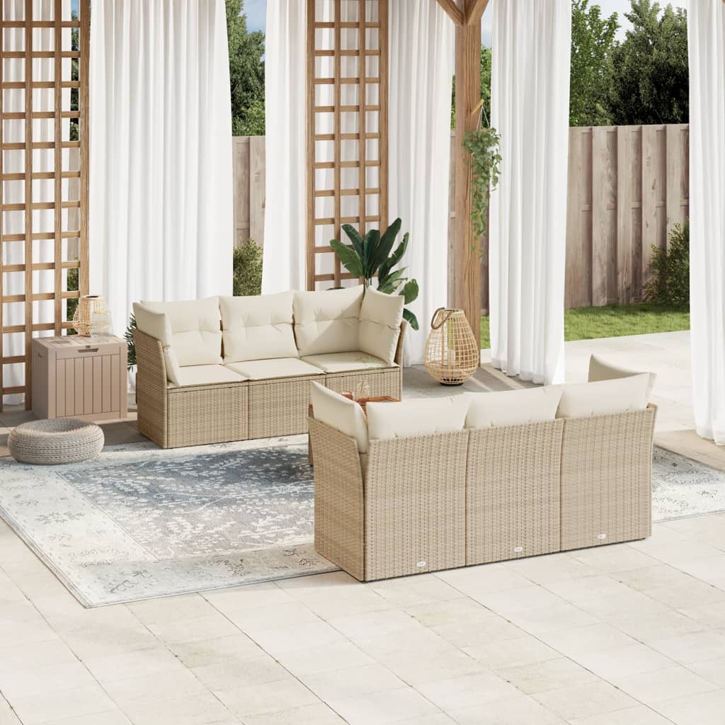 7-delige Loungeset met kussens poly rattan beige – afbeelding 1
