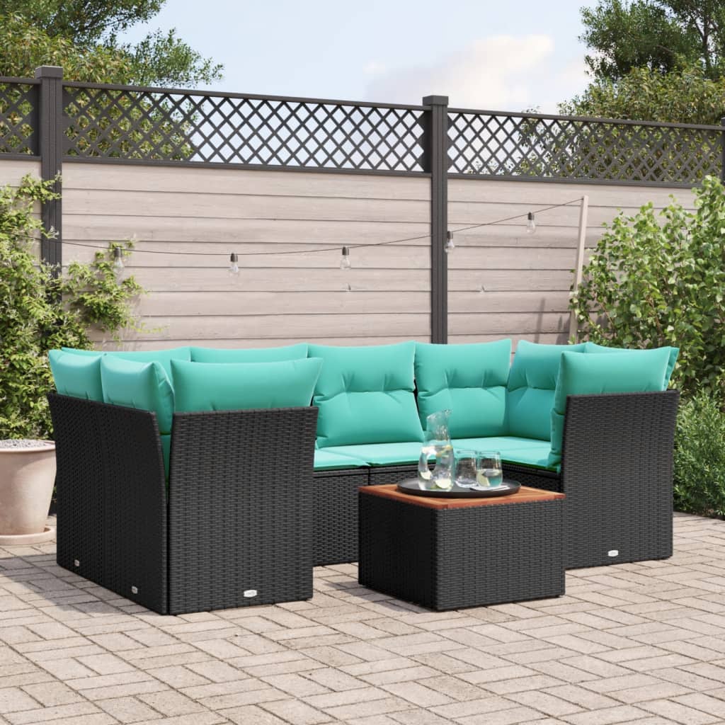 7-delige Loungeset met kussens poly rattan zwart – afbeelding 1