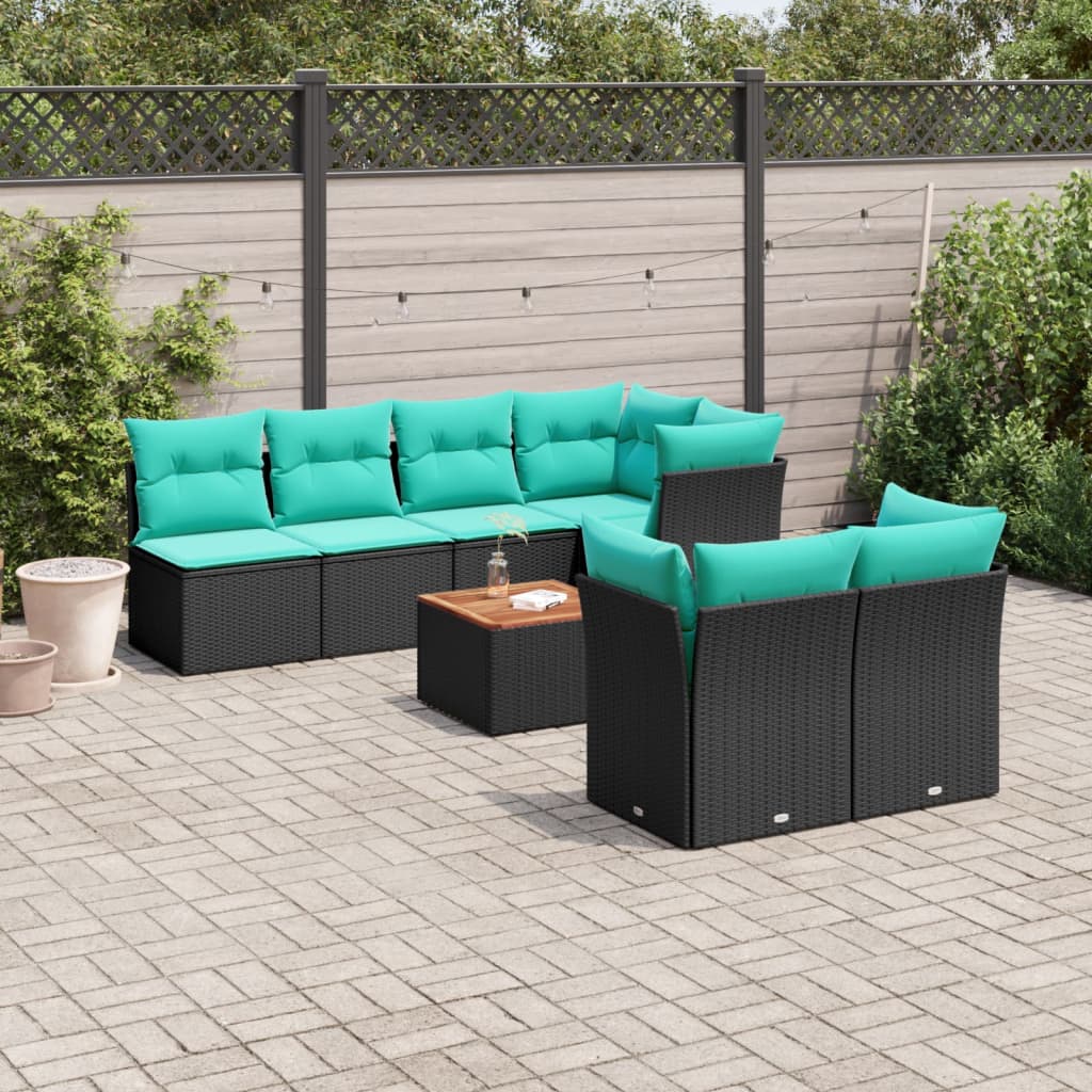 8-delige Loungeset met kussens poly rattan zwart – afbeelding 1
