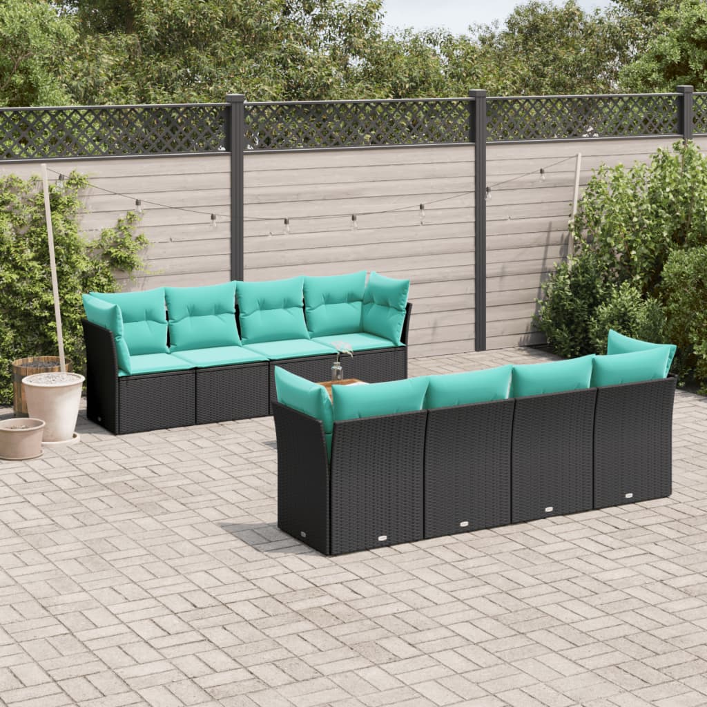 9-delige Loungeset met kussens poly rattan zwart – afbeelding 1