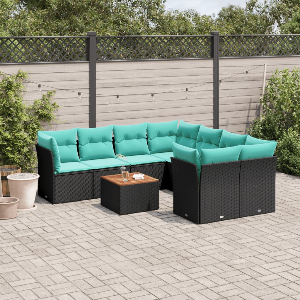 9-delige Loungeset met kussens poly rattan zwart – afbeelding 1