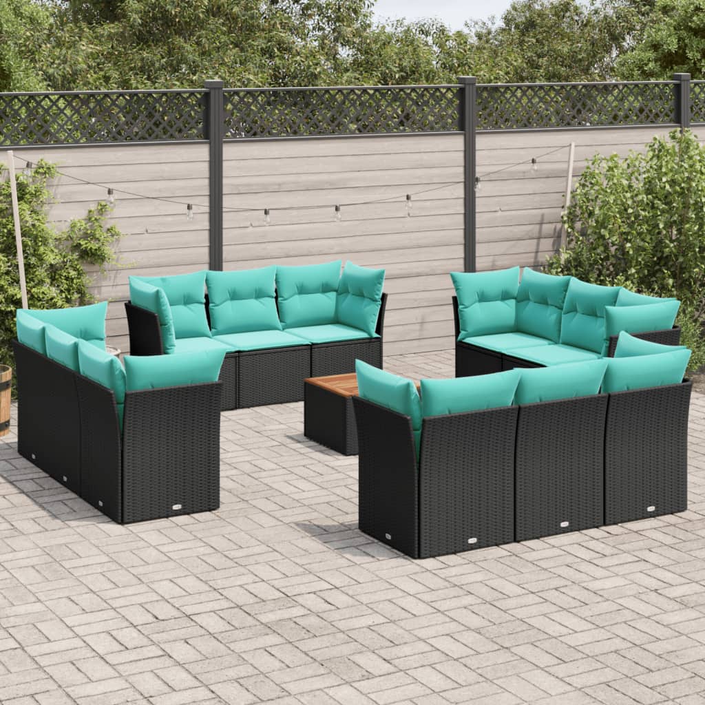 13-delige Loungeset met kussens poly rattan zwart – afbeelding 1