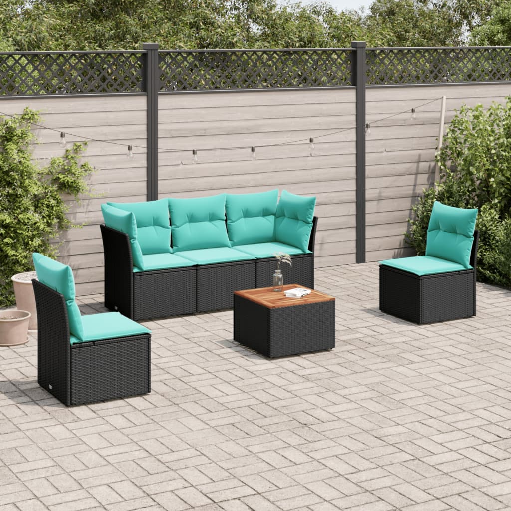 6-delige Loungeset met kussens poly rattan zwart – afbeelding 1