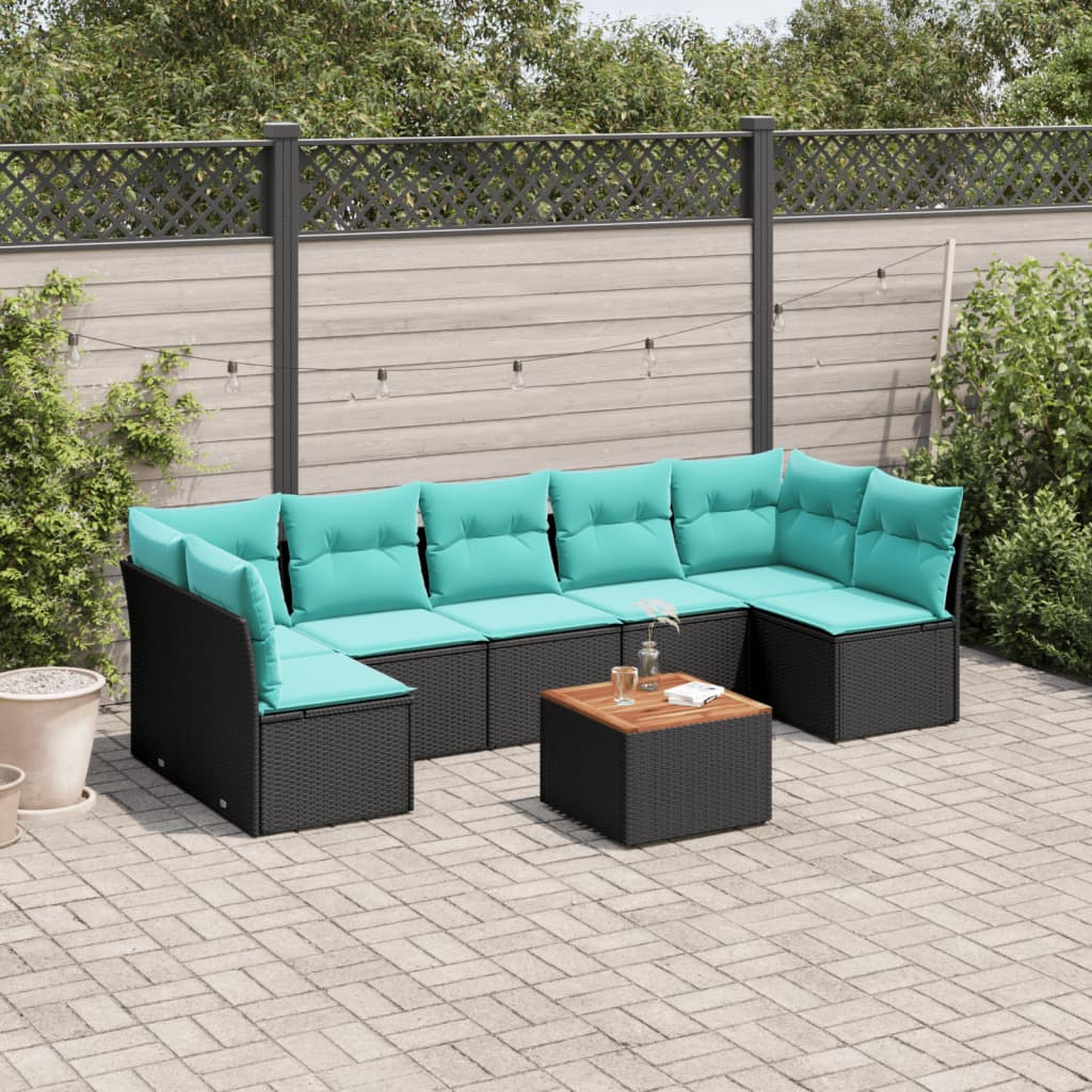 8-delige Loungeset met kussens poly rattan zwart – afbeelding 1