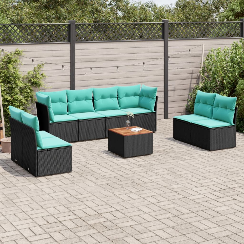 9-delige Loungeset met kussens poly rattan zwart