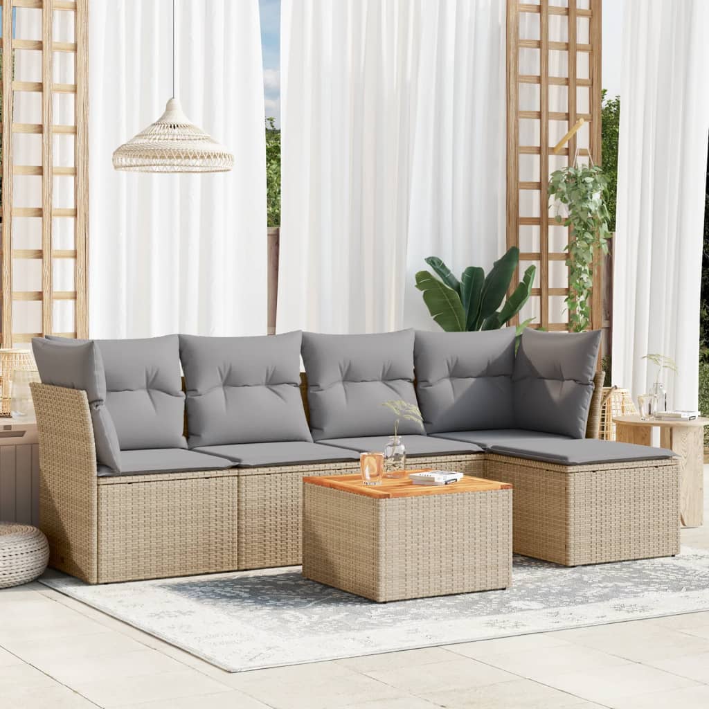 6-delige Loungeset met kussens poly rattan gemengd beige – afbeelding 1