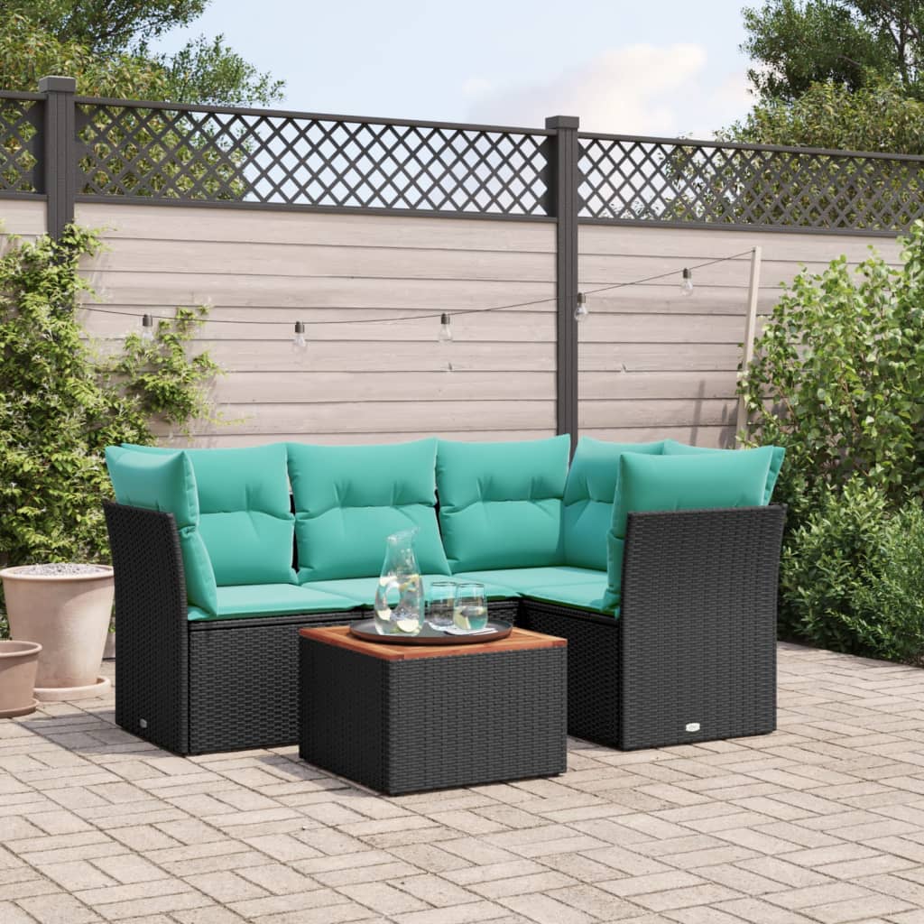 5-delige Loungeset met kussens poly rattan zwart – afbeelding 1