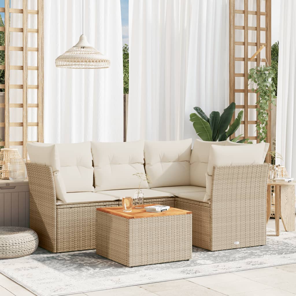 5-delige Loungeset met kussens poly rattan beige – afbeelding 1
