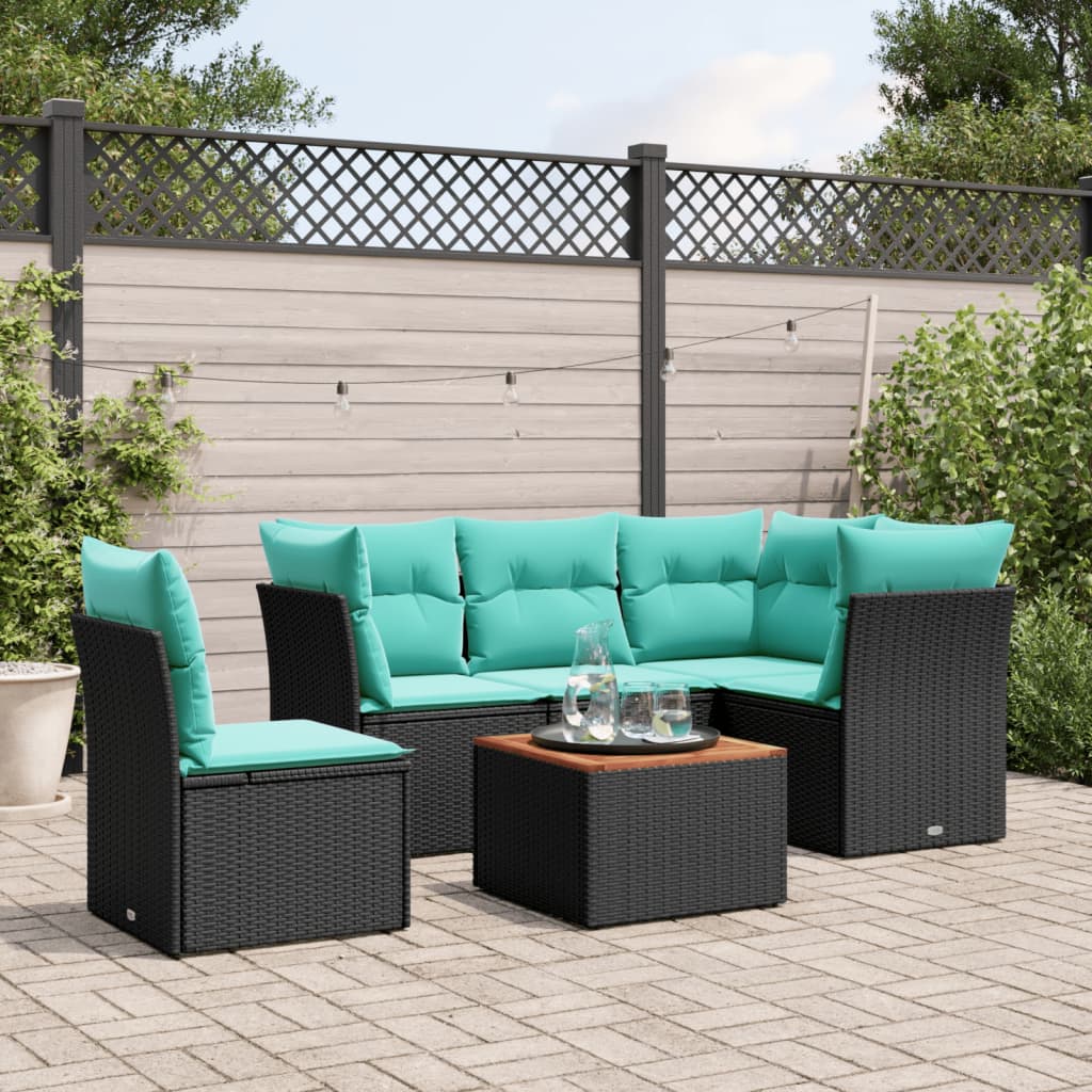 6-delige Loungeset met kussens poly rattan zwart – afbeelding 1