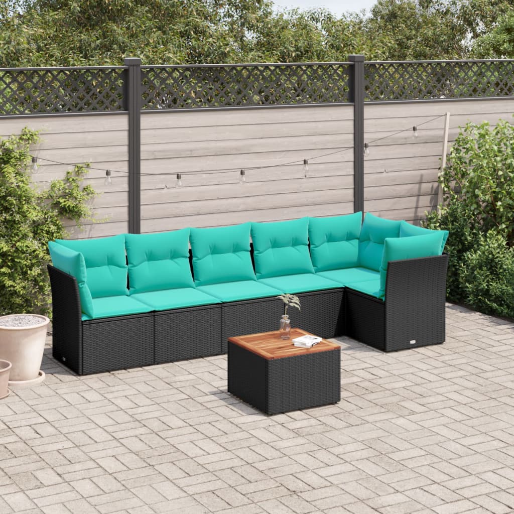 7-delige Loungeset met kussens poly rattan zwart – afbeelding 1