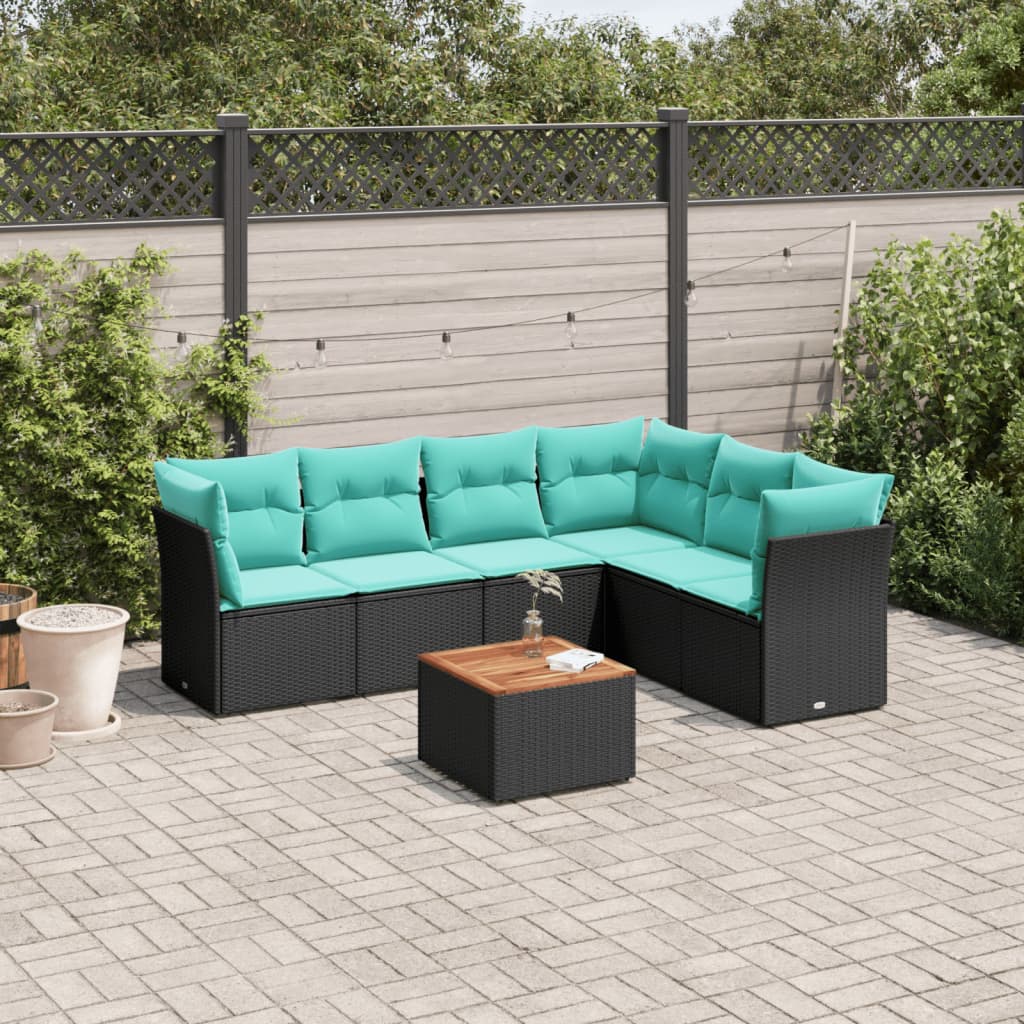 7-delige Loungeset met kussens poly rattan zwart – afbeelding 1