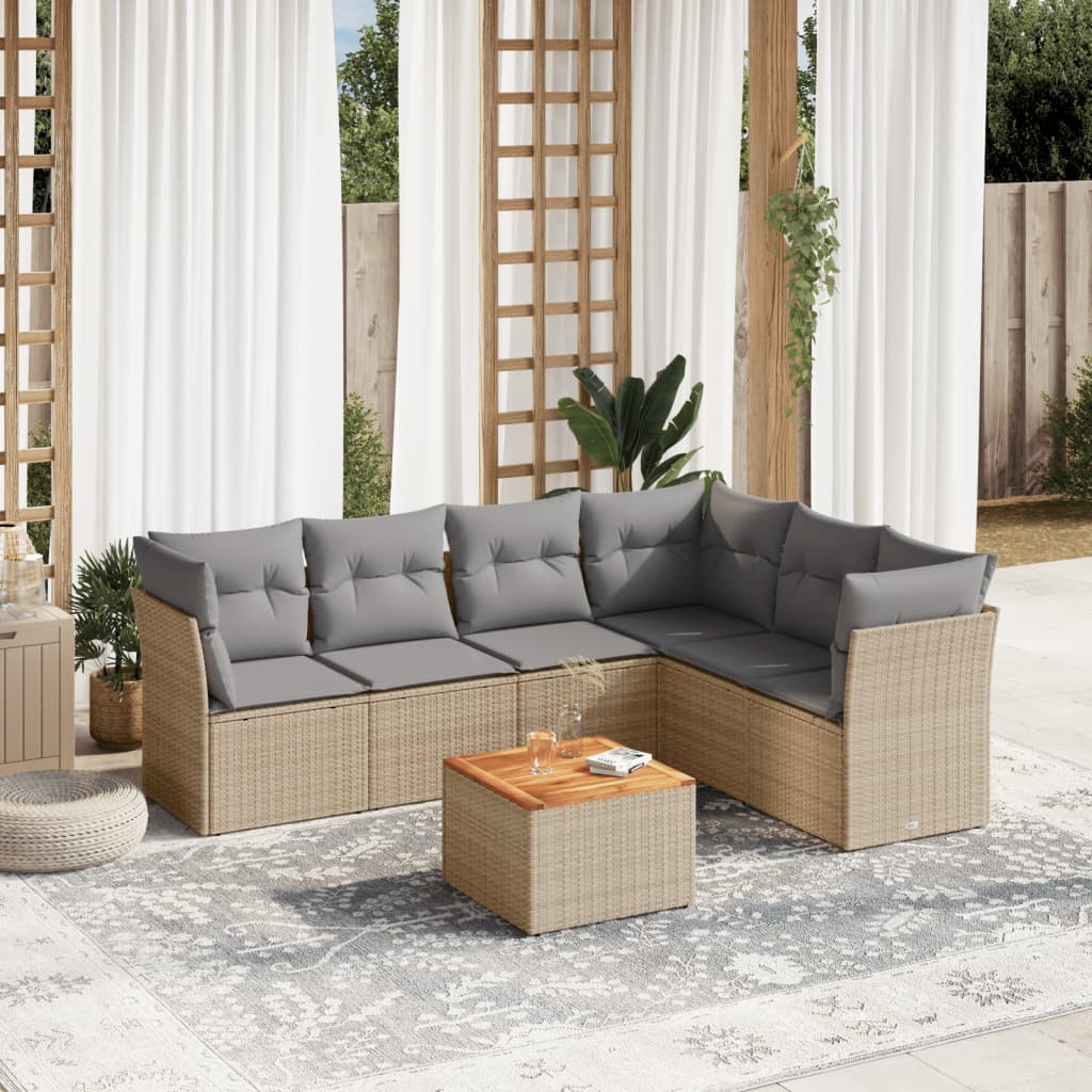 7-delige Loungeset met kussens poly rattan gemengd beige – afbeelding 1