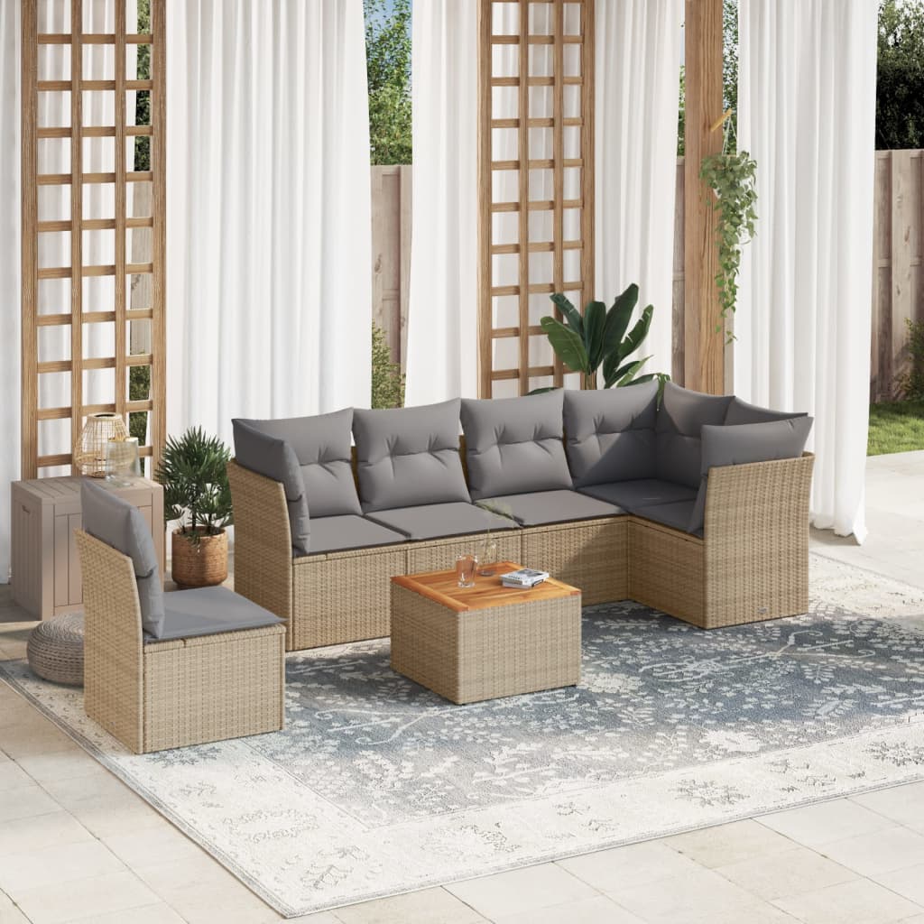 7-delige Loungeset met kussens poly rattan gemengd beige – afbeelding 1