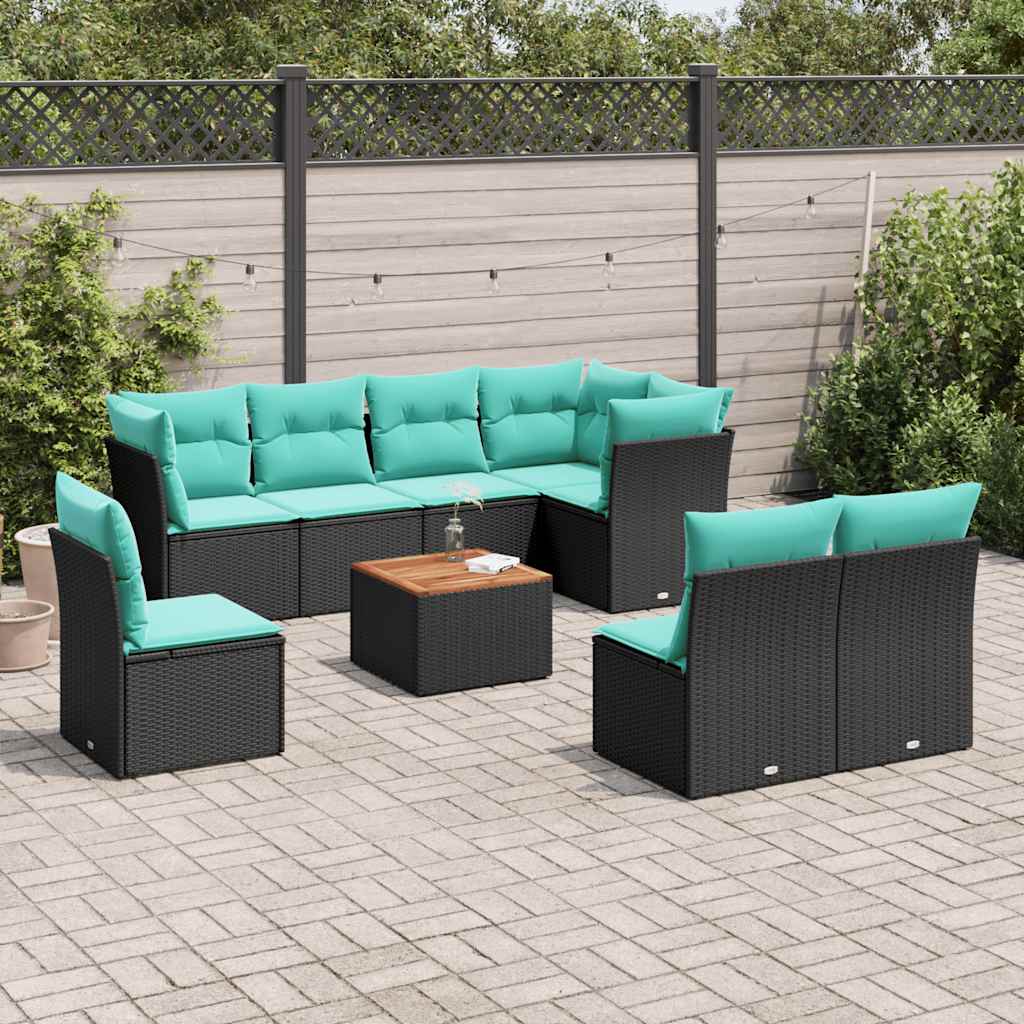 9-delige Loungeset met kussens poly rattan zwart – afbeelding 1