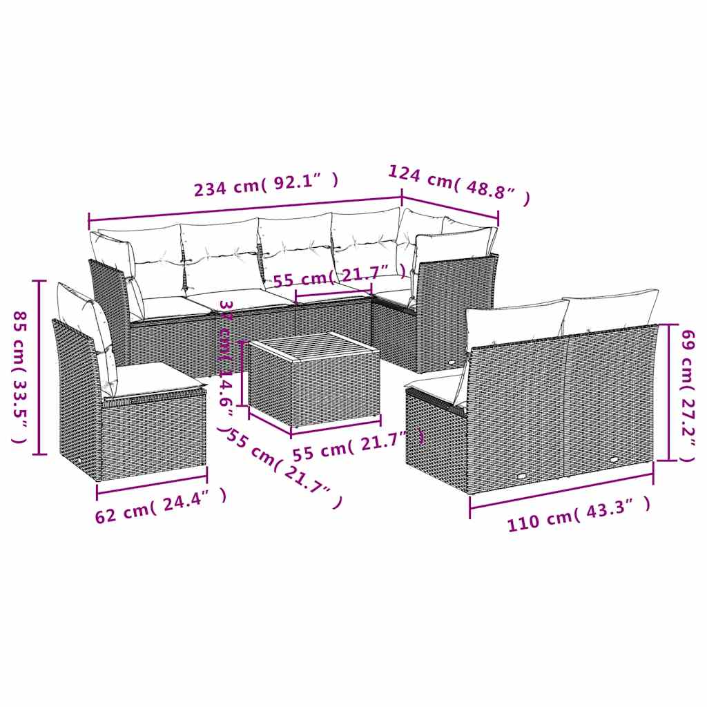 9-delige Loungeset met kussens poly rattan zwart – afbeelding 10