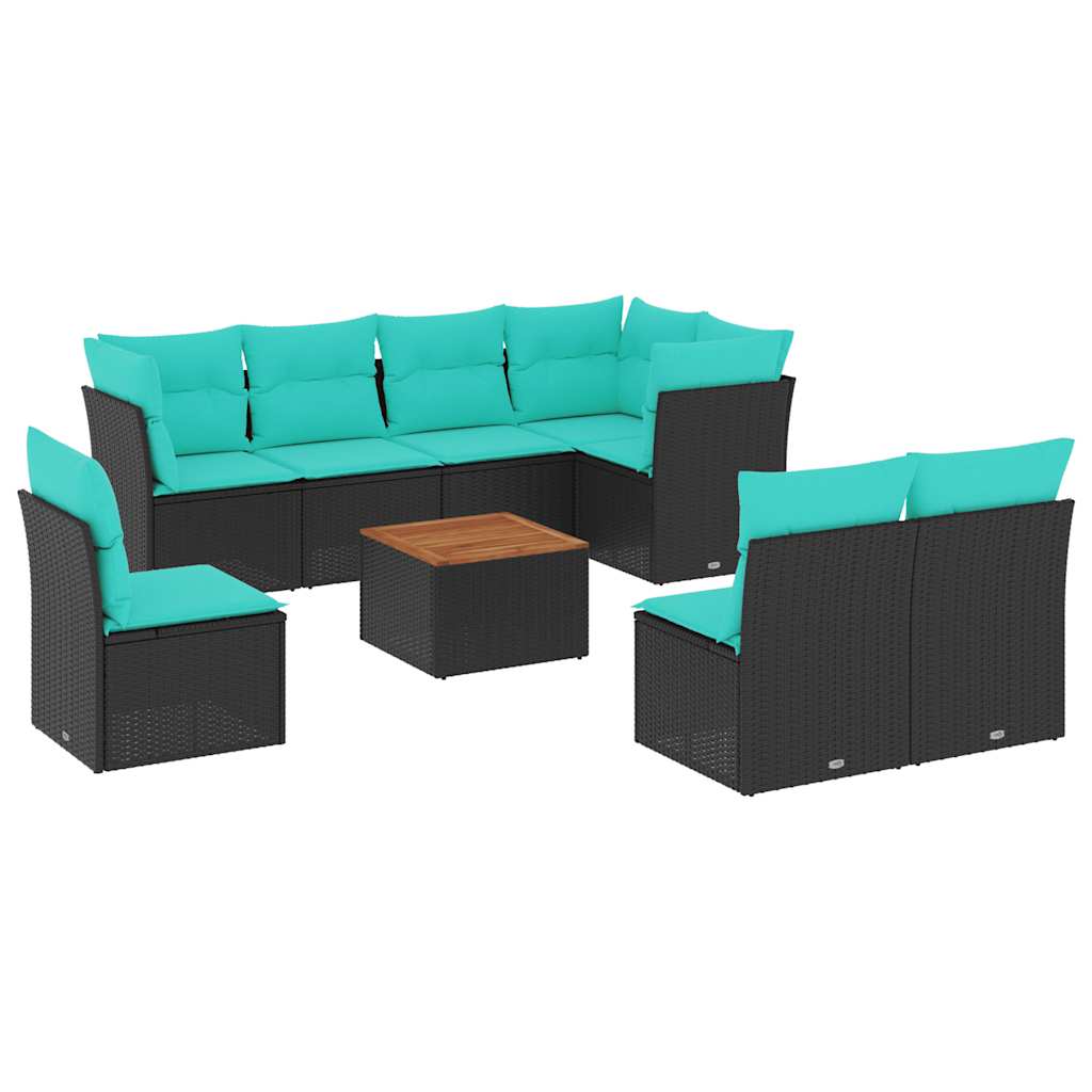 9-delige Loungeset met kussens poly rattan zwart – afbeelding 2