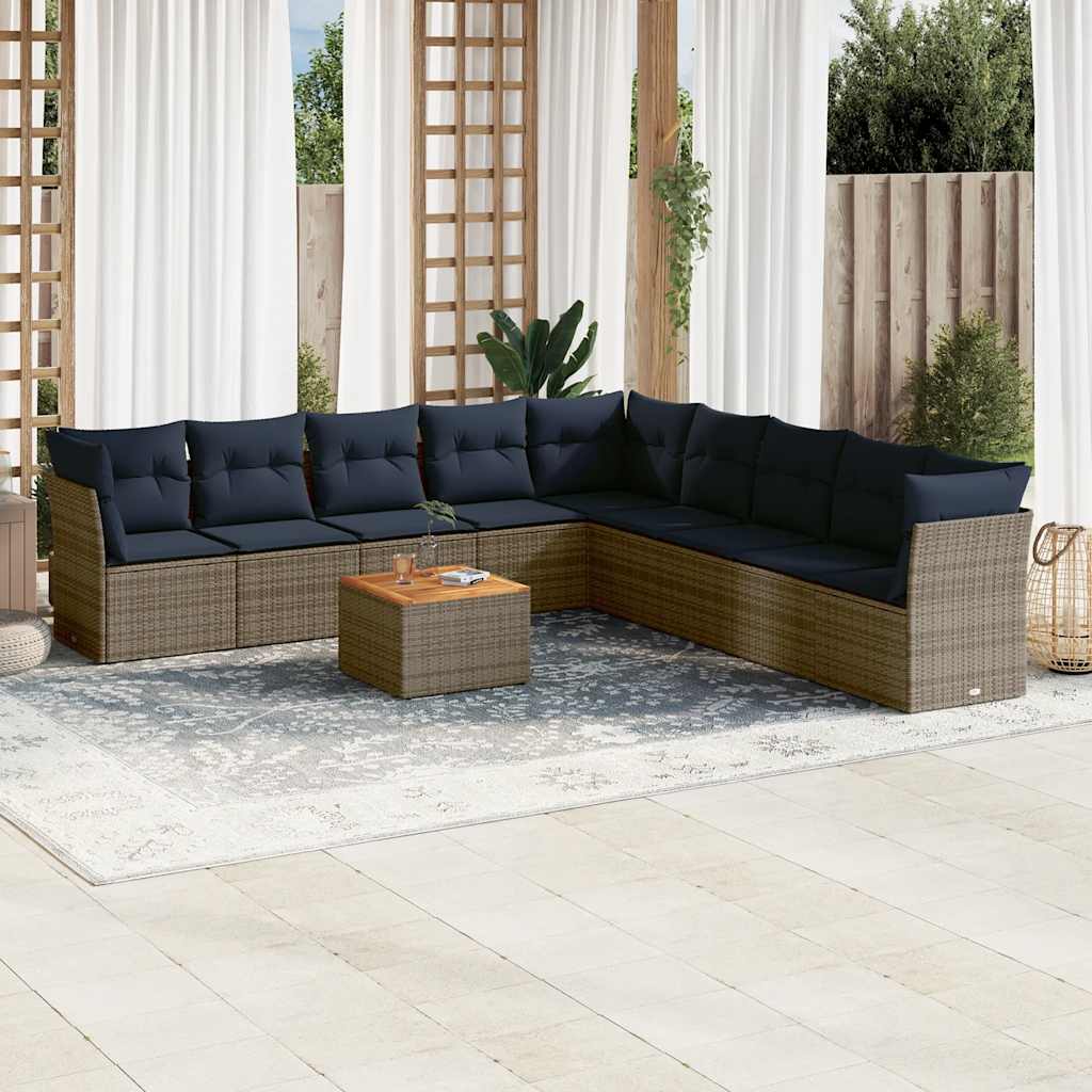 10-delige Loungeset met kussens poly rattan grijs – afbeelding 1