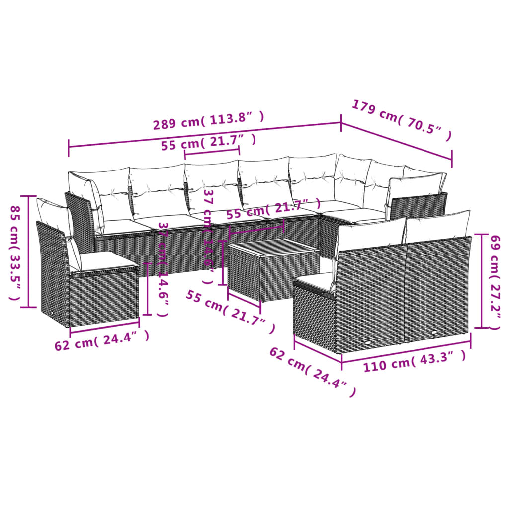 11-delige Loungeset met kussens poly rattan zwart – afbeelding 10