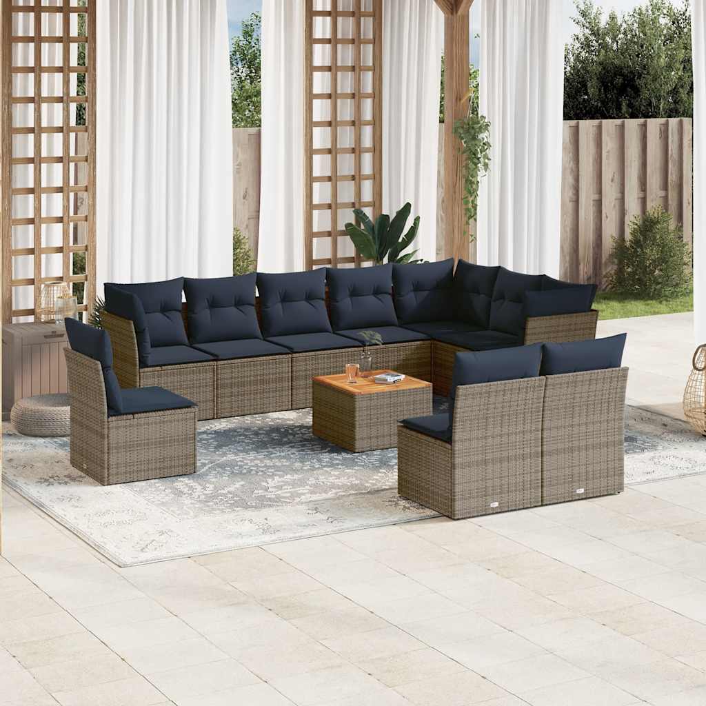 11-delige Loungeset met kussens poly rattan grijs – afbeelding 1
