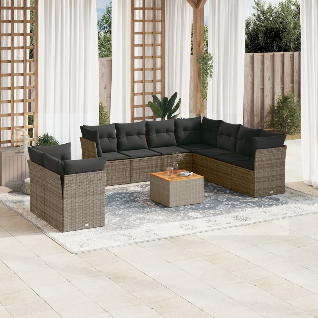 10-delige Loungeset met kussens poly rattan grijs – afbeelding 1