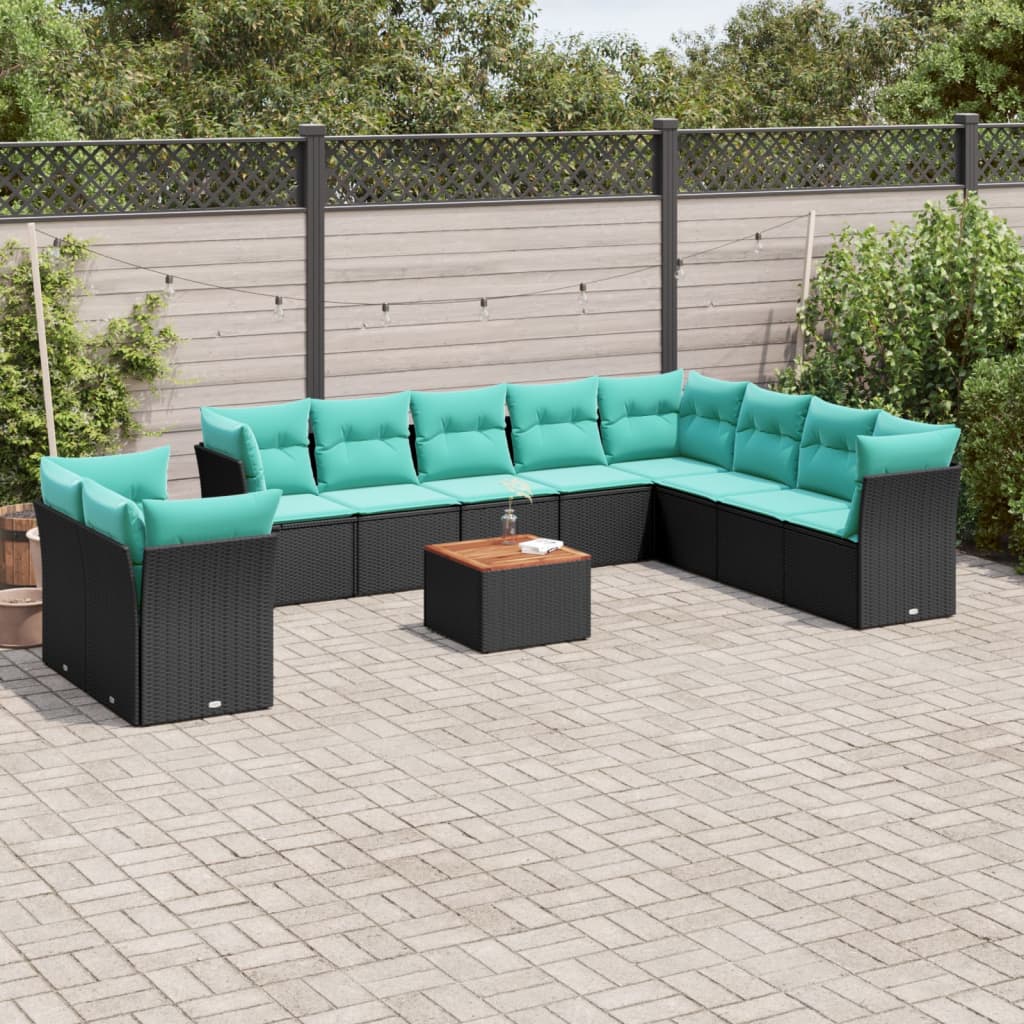 11-delige Loungeset met kussens poly rattan zwart – afbeelding 1