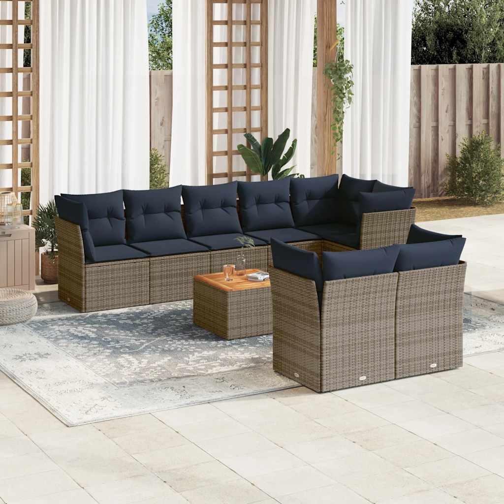 9-delige Loungeset met kussens poly rattan grijs – afbeelding 1