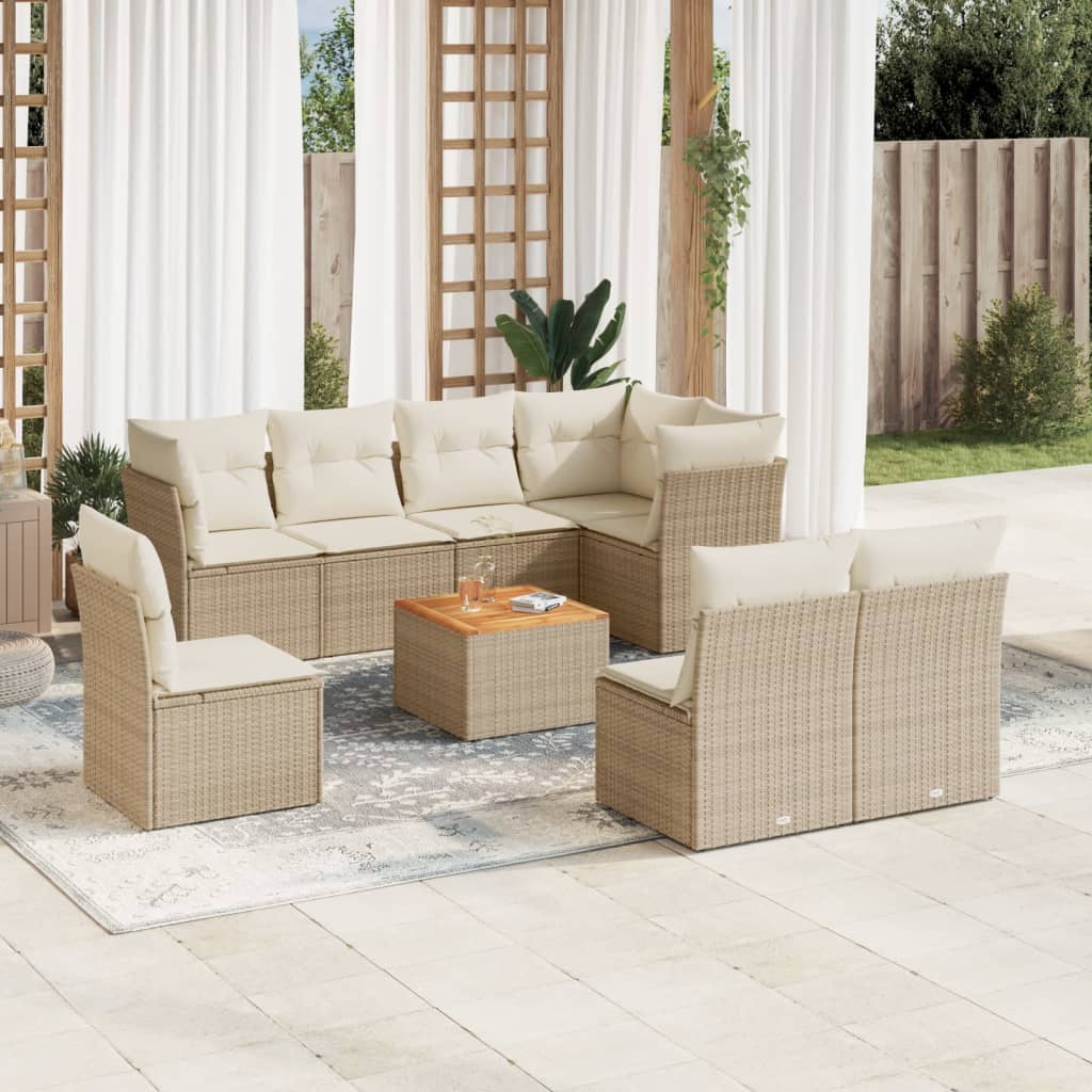 9-delige Loungeset met kussens poly rattan beige – afbeelding 1