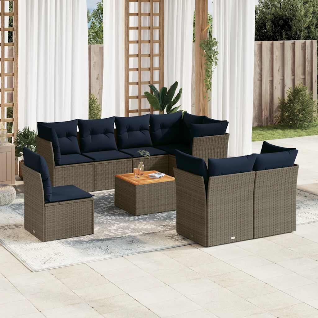 9-delige Loungeset met kussens poly rattan grijs – afbeelding 1