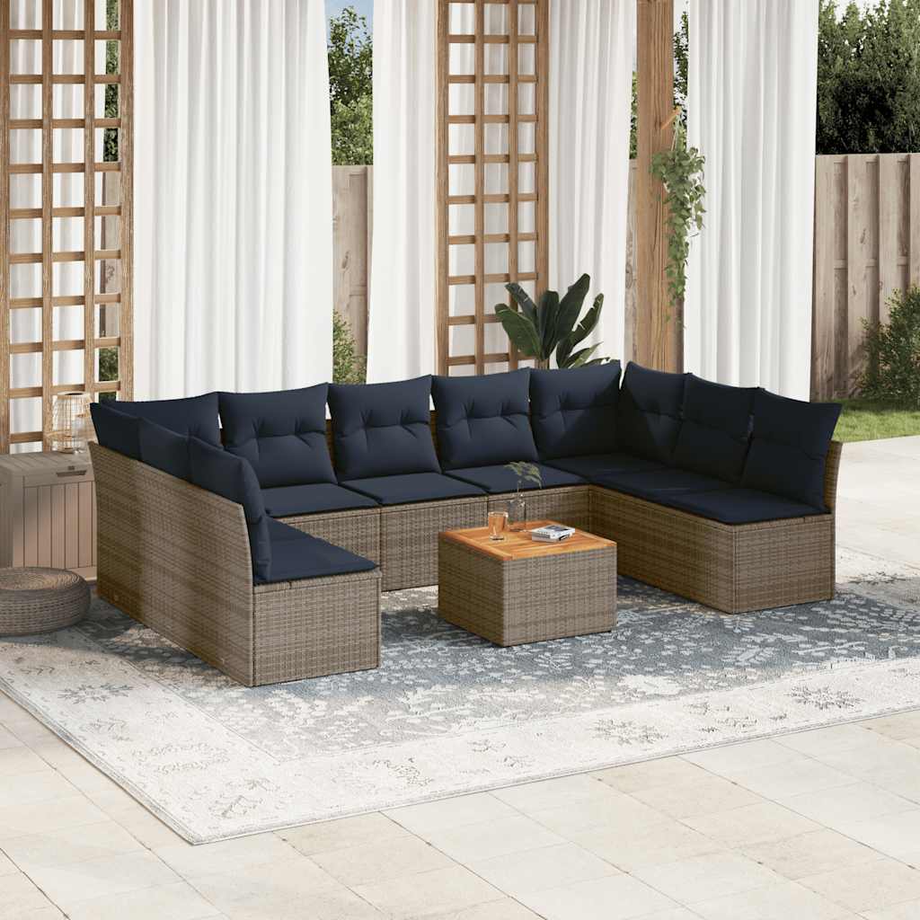 10-delige Loungeset met kussens poly rattan grijs – afbeelding 1