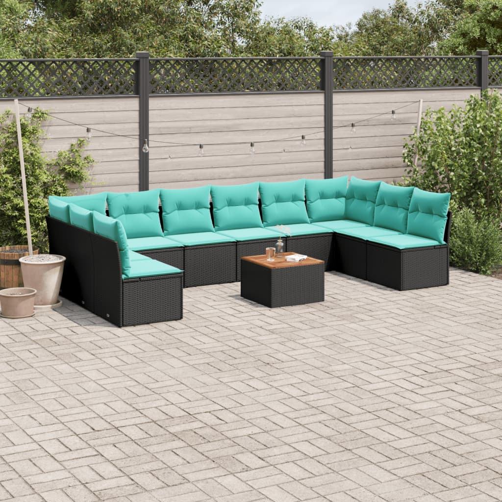 11-delige Loungeset met kussens poly rattan zwart