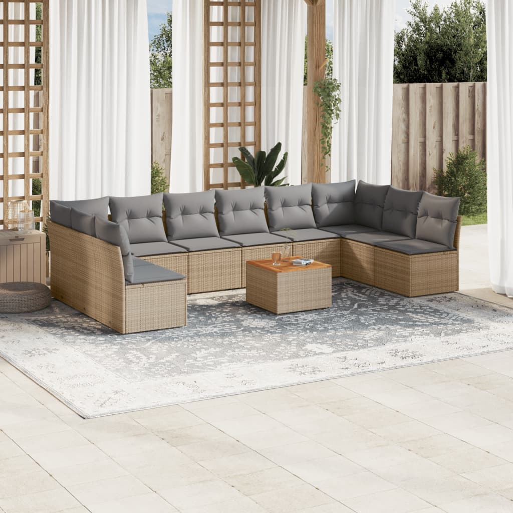 11-delige Loungeset met kussens poly rattan gemengd beige – afbeelding 1