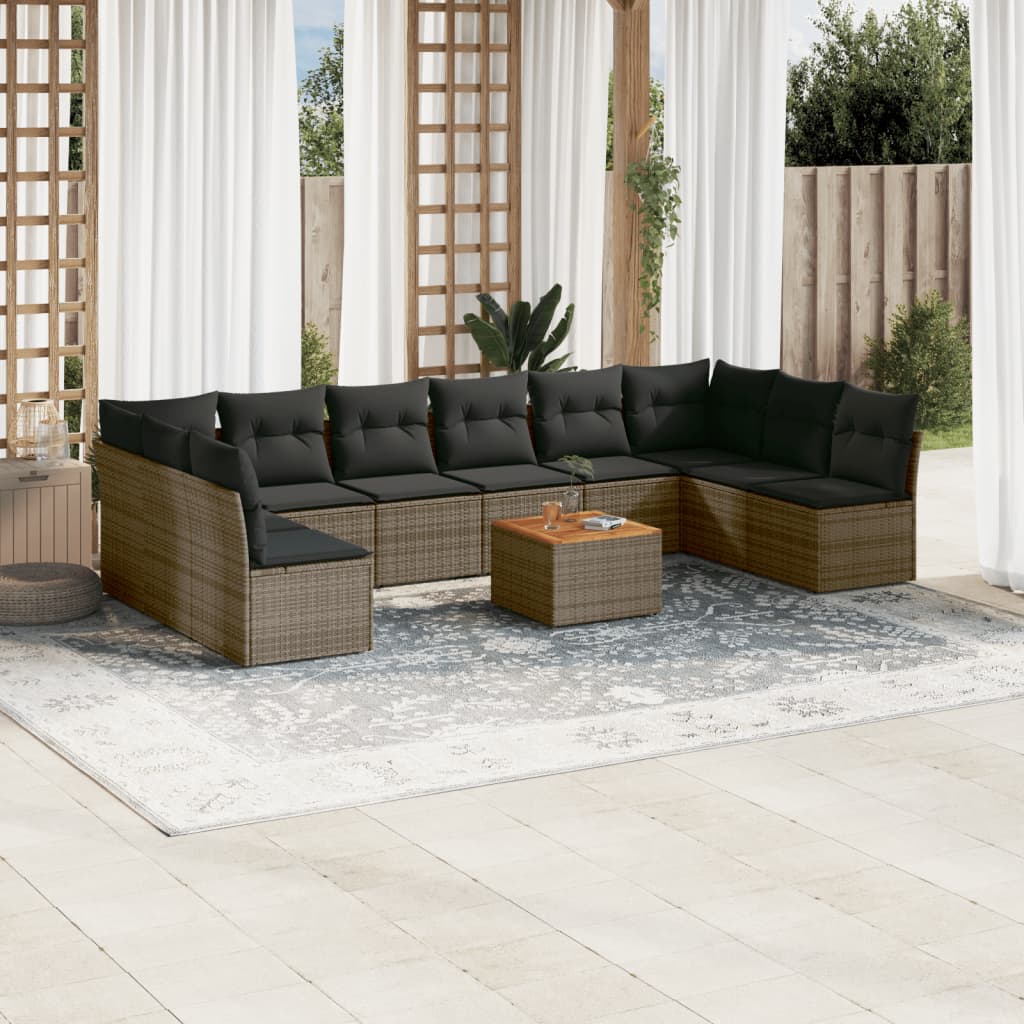 11-delige Loungeset met kussens poly rattan grijs – afbeelding 1
